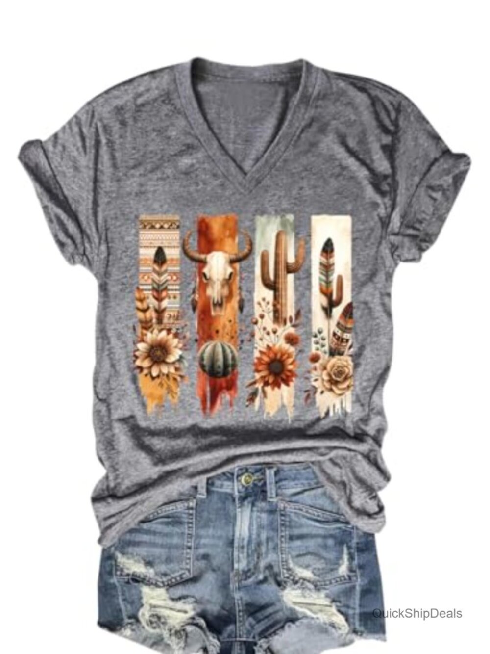 Western Rodeo Graphic Tee Cotton Blend Short Sleeve Cow Skull Cowgirl Top